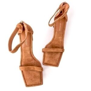 Good American Tan Suede Square Toe Ankle Strap Heels